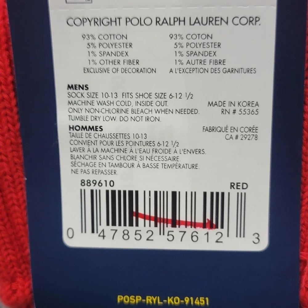 Polo Ralph Lauren Socks Mens 10-13 Red Navy Stripe Polo 67 P Winged Foot Calf